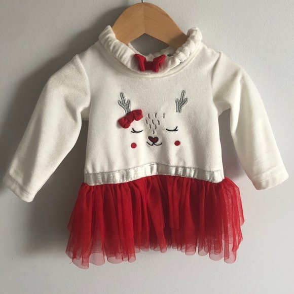 REINDEER BABY SWEATER DRESS W/ HEADBAND 6-12M - Picture 1 of 4